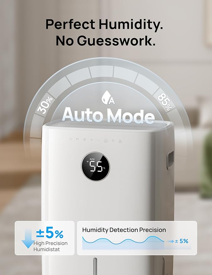 Dreo 110-Pint Smart Dehumidifier for Basement, 4500 Ft² for Large Room, 2 Gallon Water Tank, Auto/Comfort/Constant Mode Dehumidifiers for Home, Bedroom, Bathroom, with Drain Hose, White, 711S