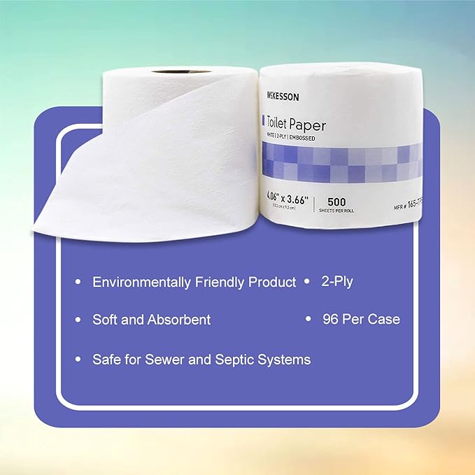 McKesson Toilet Paper, 2-Ply, 1 Roll, 96 Packs, 96 Total