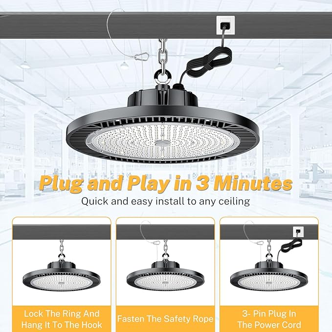 Super Bright 200W UFO LED High Bay Lights 30000Lm 5000K Daylight AC100-277V Play& Plug&5ft Cable High Bay LED Shop Lights for Warehouse Workshop Gym Garage Barn 8 Pack