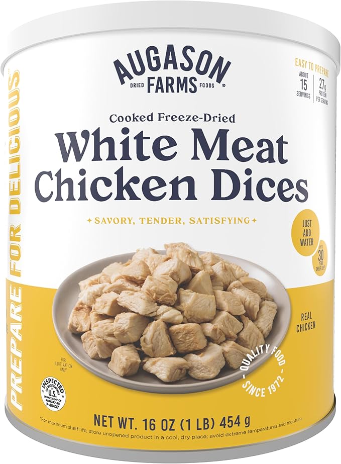 Augason Farms Cooked Freeze Dried White Meat Chicken Dices Can, Emergency Food Supply, Everyday Meals, 15 Servings