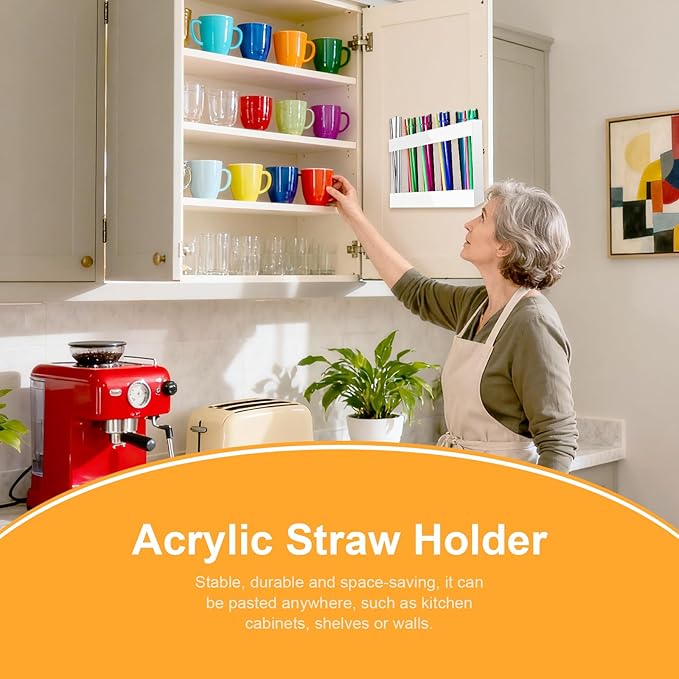 Straw Holder Acrylic for Cabinet Reusable Organizer Dispenser 5-Grid Straw Rack Comes with 8 Double-Sided Tapes and 15 Classification Label Stickers (White)