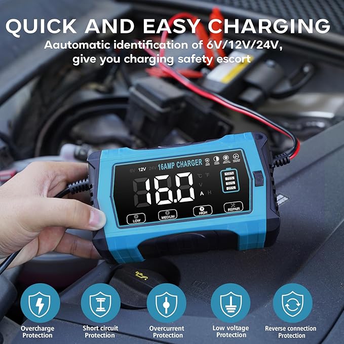 16 AMP Battery Charger, 6V/12V/24V Smart Car Battery Charger, Trickle Charger, Fully Automatic Chargers and Maintainer for Car, Motorcycle, Lawn Mower, Lead-Acid, Lithium, LiFePo4 Batteries