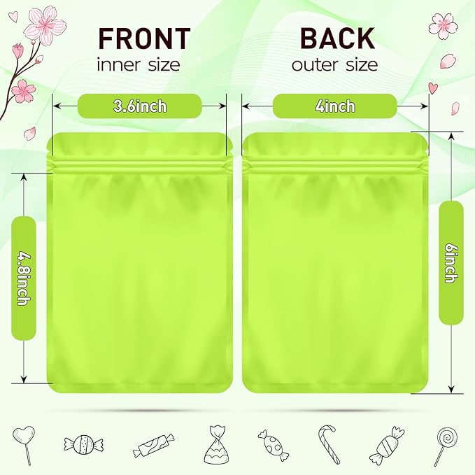 Funfery 100 Pack Green Mylar Packaging Bags Resealable Bags Double Sided Color Odor Proof Pouch Baggies Smell Proof Foil Bag for Food Storage,Small Business(Green,4x6inch)