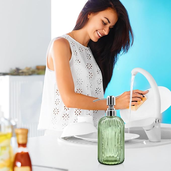 18 Oz Glass Soap Dispenser with Stainless Steel Pump, Modern Ribbed Design Refillable Liquid Soap Bottle for Bathroom, Kitchen, Hand Soap, Dish Soap, or Lotion (Light Green)