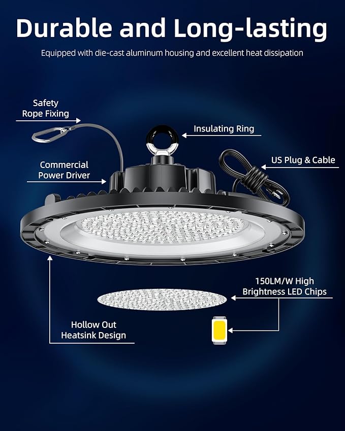 THELUX High Bay LED Shop Lights 200W Super High Bright 30000LM 5000K UFO LED High Bay Lights (Eqv1000w Mh/Hps/Hid) with US Hook Plug & 5' Cable for Warehouse Workshop Factory Barn Garage - 1PACK