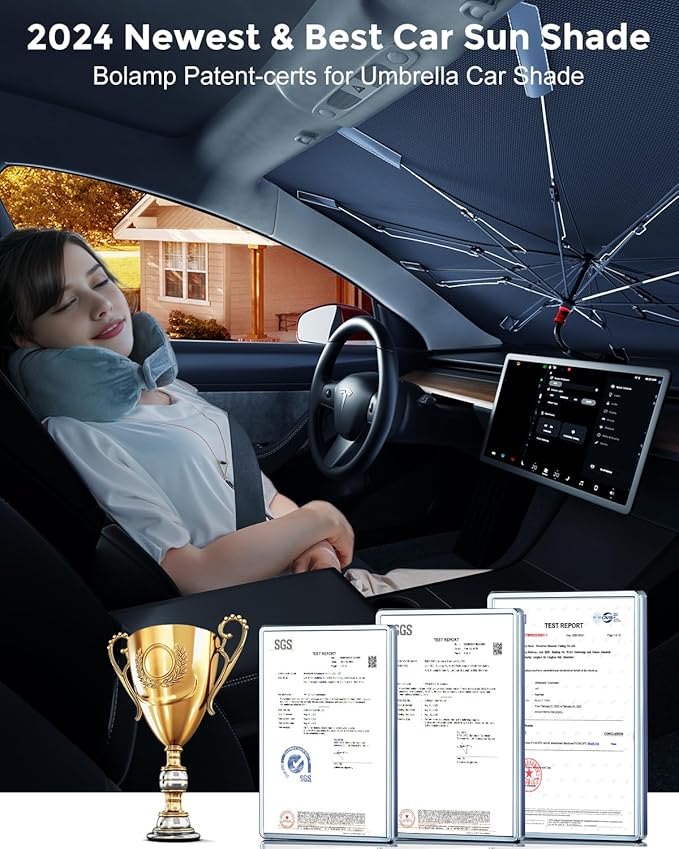[2025 Updated] Bolamp Car Windshield Sun Shade, [Effective Keep Cool] Spring Structure Umbrella Sunshade for Automobile Windshield, Protect Cars Interior from Sun Rays, Heat Damage - Large