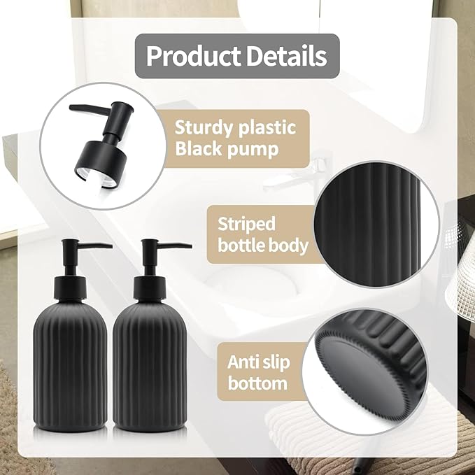 2 Pack Glass Soap Dispenser Bottle with Pump, 14 Oz Refillable Liquid Hand Jar Dispenser for Bathroom, Countertop, Kitchen, Laundry Room (Black)
