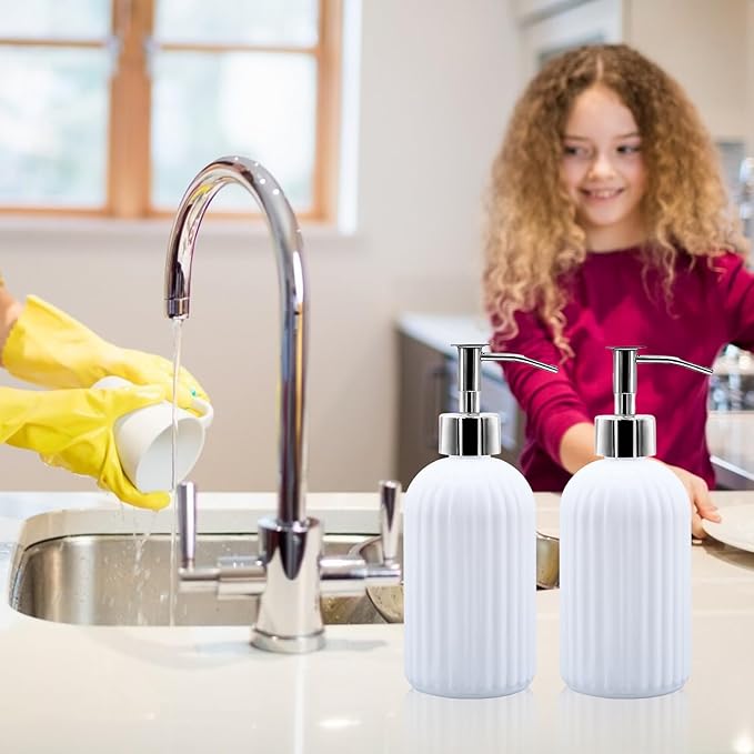 2 Pack Glass Soap Dispenser Bottle with Pump, 14 Oz Refillable Liquid Hand Jar Dispenser for Bathroom, Countertop, Kitchen, Laundry Room (White)