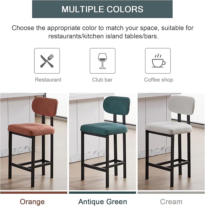Modern Counter Stools Set of 6, 26" Upholstered Barstools with Back, Sturdy Black Metal Legs Dining Stools with Footrest for Home Pub Kitchen, Green