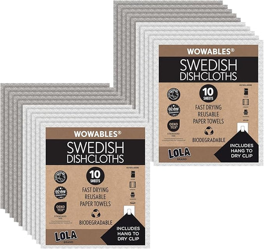 LOLA Swedish Dishcloths 20 Pk Biodegradable Reusable Paper Towels Absorbent Cellulose Kitchen Sponge Cloths Zero Waste Odor Free, Made in Germany