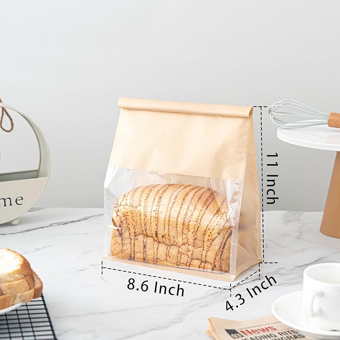 50 Pcs 8.6 Inch Bread Bags with Tin Tie, Large Loaf Bags Made Of Brown Cotton Paper, Storage Packing Bag with Clear Window for Bakery, Cafe, Homemade Bread