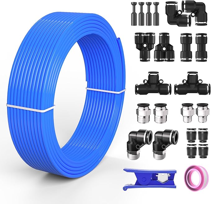 1/2 Air line,1/2 inch OD Air Hose Kit,Airline Tubing Repair Kit Compressor Tube with Push to Connectors Fittings(Blue-32.8FT/10M)