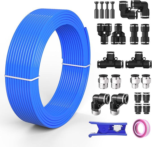 1/2 Air line,1/2 inch OD Air Hose Kit,Airline Tubing Repair Kit Compressor Tube with Push to Connectors Fittings(Blue-32.8FT/10M)