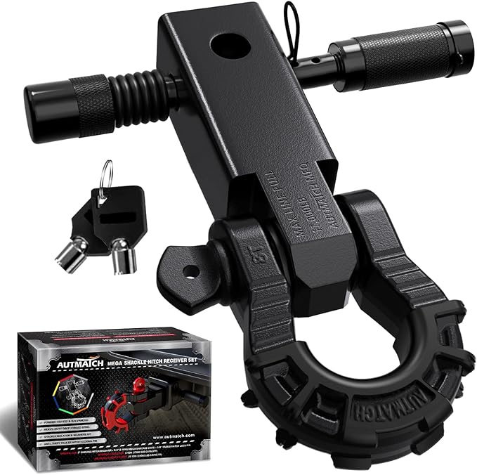 AUTMATCH Shackle Hitch Receiver 2" with 3/4" Mega D Ring Shackle and 5/8" Trailer Hitch Lock Pin, 68,000 Lbs Break Strength Heavy Duty Receiver Towing Kit for Off-Road Vehicle Recovery, Frosted Black