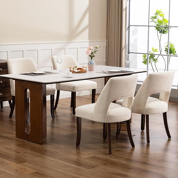 UVV Wooden Dining Chairs Set of 4, Mid Century Modern Chenille Upholstered Dining Room Chair Kitchen Chairs, Farmhouse Dinner Chair with Solid Wood Legs for Kitchen Dining Room, Beige-Chenille