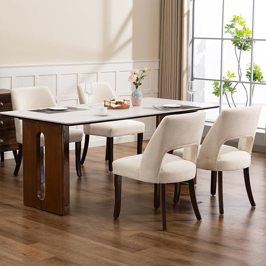 UVV Wooden Dining Chairs Set of 4, Mid Century Modern Chenille Upholstered Dining Room Chair Kitchen Chairs, Farmhouse Dinner Chair with Solid Wood Legs for Kitchen Dining Room, Beige-Chenille