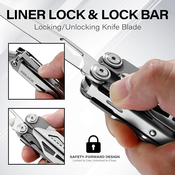 RBLACK Longeron21 EDC Multitool, 21-in-1 Heavy-duty Stainless Steel Finish Multi Tool Pliers with Safety Locking | Seat Belt Cutter - Men's Gift Set for DIY, Home, Garden & Outdoors