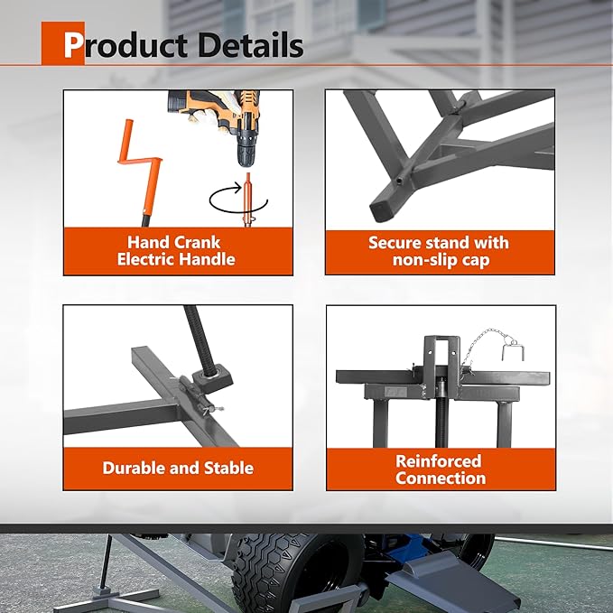 Lawn Mower Lift Jack Heavy Duty Lawnmower Jack for Ride on Lawn Mowers & Garden Tractors, Space-Saving Foldable Large Riding Lawn Tractor Lift with Manual and Power Tool Handles Fit Multiple Mowers