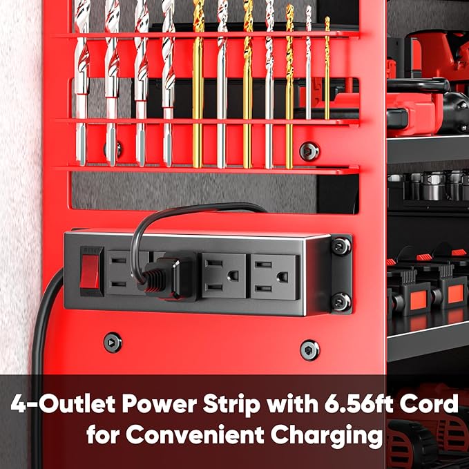 Large Power Tool Organizer Wall Mount with Charging Station,4 Layer Heavy Duty Metal Tool Storage Shelf Loads 600lbs,Battery Utility Rack With 4 Outlet Power Strip with 8 Cordless Drill Holder