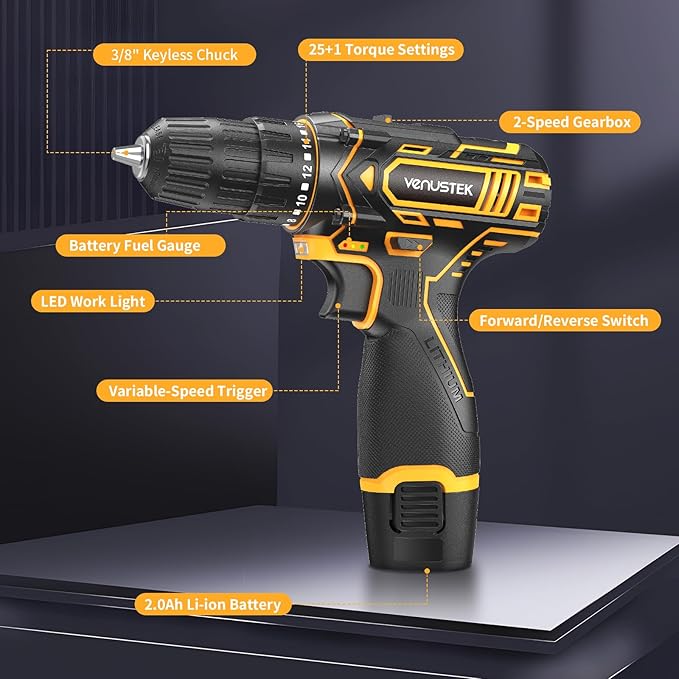 Cordless Drill Set 12V Power Drill with Battery and Charger, 2-Speed Electric Drill with 3/8" Keyless Chuck