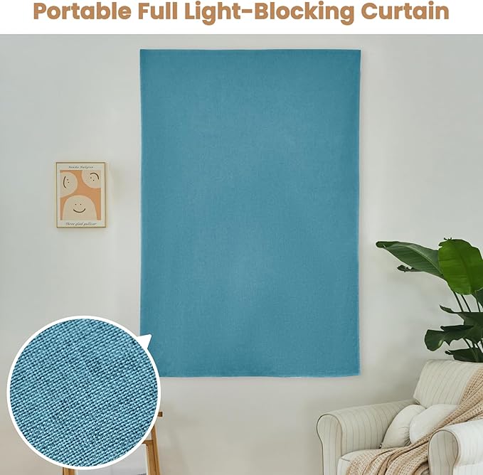 100% Blackout Curtain,Adhesive Curtain,Black Out Window Cover No Drilling Travel Kit,Perfect for Media Rooms, Dormitories and Renters (Stone Blue - W46 × L72 in)