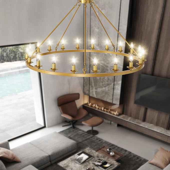 Wagon Wheel Chandelier, 20-Light Gold Modern Rustic Large Farmhouse Chandelier Adjustable Height Light for Ceiling Living Room, Entryways, Foyer,Dining Room, Kitchen