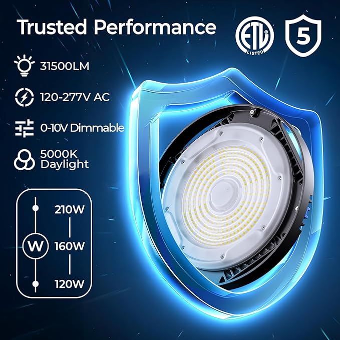 CINOTON 210W Switchable UFO LED High Bay Light, Aluminum LED Shop Lights with 31500LM, 5000K Commercial Bay Lighting for Warehouse Garage Workshop, 6' Cable & Safety Rope, ETL Listed 4 Pack
