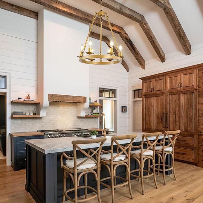 Wagon Wheel Chandelier, 6-Light Gold Modern Rustic Farmhouse Chandelier Adjustable Height Pendant Kitchen Light for Ceiling Hanging Dining Room, Living Room, Entryways, Foyer