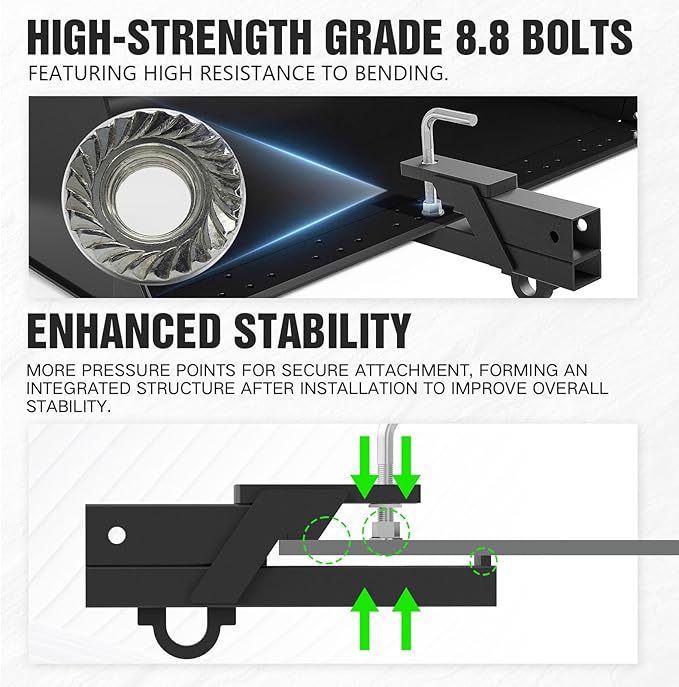 Clamp-On Tractor Bucket Hook Receiver Adapter with Quick Attach Receiver with Chain Hook for Lifting and Carrying Ring, 2" Receiver 1100 LB Towing Capacity, Compatible with 2" Front Bucket Lips