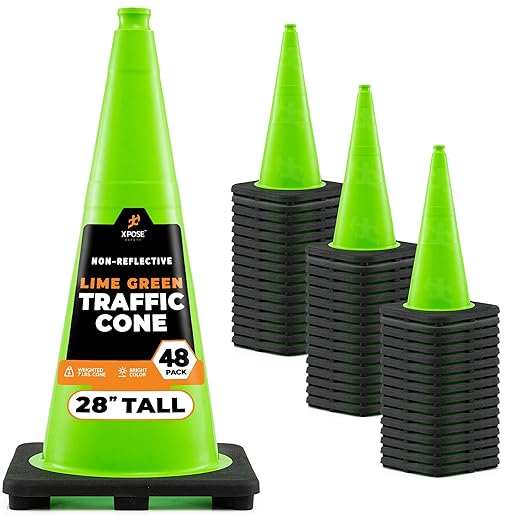 Xpose Safety 28” Lime Green Traffic Cone - 48 Pack - Premium PVC Safety Cone for Parking, Caution, Construction, Road Crews, Emergency Vehicle - DOT Approved