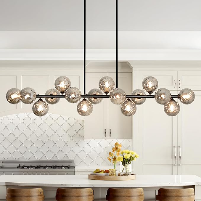 Dining Room Light Fixture 16-Light Large Chandelier Farmhouse Chandeliers for Dining Room Linear Sputnik Chandelier Smoke Gray Swirled Globe Glass Bubble Black Modern Pendant Lights Kitchen Island