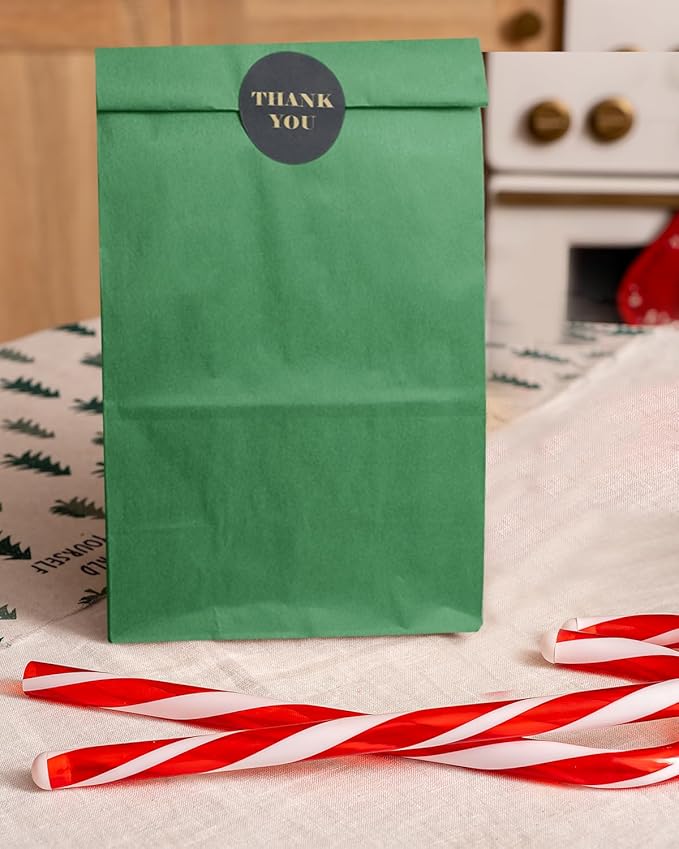 Bakepacker 100 Pcs Deep Green Treat Paper Bags with 100 Stickers 5.1"x3.1"x9.4" Brown Kraft Small Party Gift Bag Snack Bag without Handle