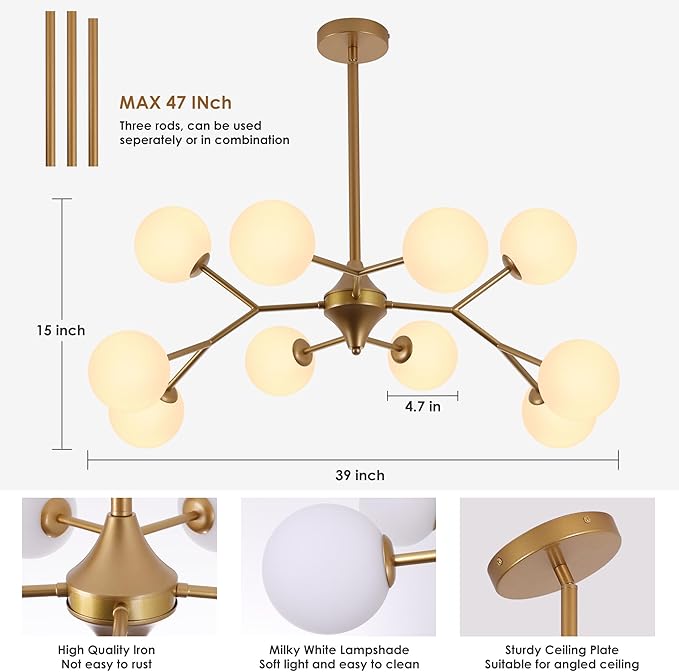 COCOSTAR Reddish Sand Gold Dining Room Chandelier, 10 Lights Modern Sputnik Chandelier for Kitchen Island Living Room Bedroom, Ceiling Light Fixture Over Table, G9 Base