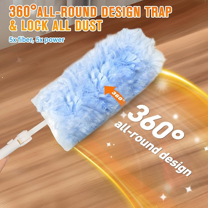 Heavy Duty Duster Refills for Swiffer Dusters, 360° Multi-Surface Microfiber Duster Refills with 2.5 ft Extended Handle, Unscented Disposable Feather Dusting Kit (30 Count Refills, 2 Handles)