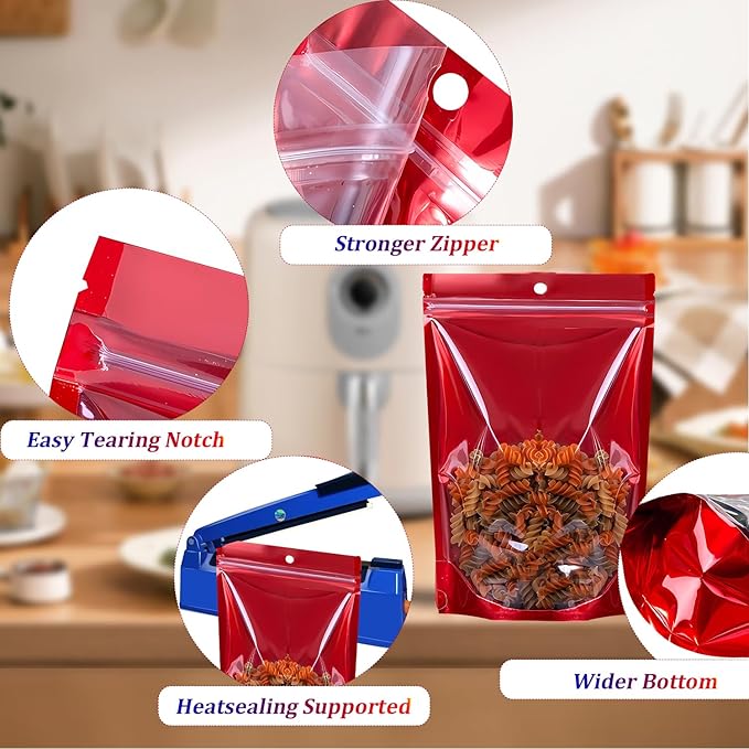 100PCS Mylar Bags for Food Storage，Resealable Bags for Small Business with Clear Windonw,8x12 inch Smell Proof Bags Stand Up Zip Lock Pouches Aluminum Foil Sealable Bags for Packaging Cookie,Snack