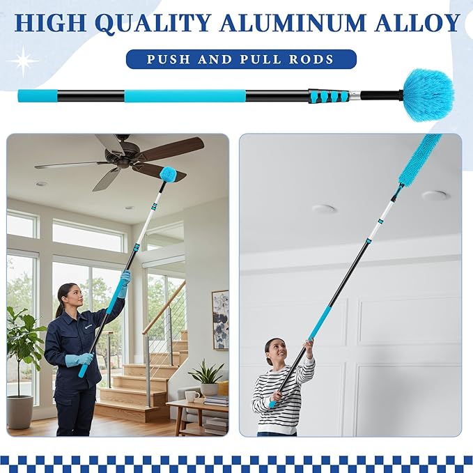 36 ft High Reach Duster Kit with 7-30 ft Extension Pole, High Ceiling Fan Cleaner Duster Tool for Fan Blades, Window Squeegee, Washable Dust Brush for Roof and Glass Surfaces