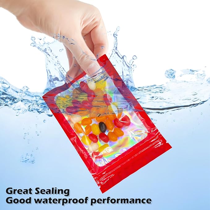 300 Pcs Holographic Mylar Bags, 3 Size Smell Proof Bags with Clear Window Foil Pouch Bags Resealable Bags for Small Business and Food Storage, Red