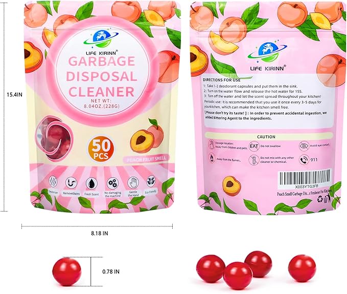 Garbage Disposer Freshener,Peach Scented Sink Disposal Odor Eliminator,50 Count Peach Scented Deodorizer Drops,Kitchen Sink Freshener Pods