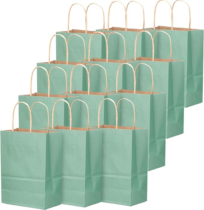 qiqee 32-Packs Light Blue Paper Gift Bags with Handles Bulk 8.26"×6"×3.15" Small Size Gift Bags Multiple Uses（Small Size）