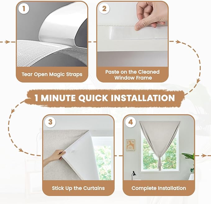 100% Blackout French Door Curtain,Adhesive, No Drilling Required,Small Curtains Designed for Installation On Doors (Light Beige - W25 × L72 in)
