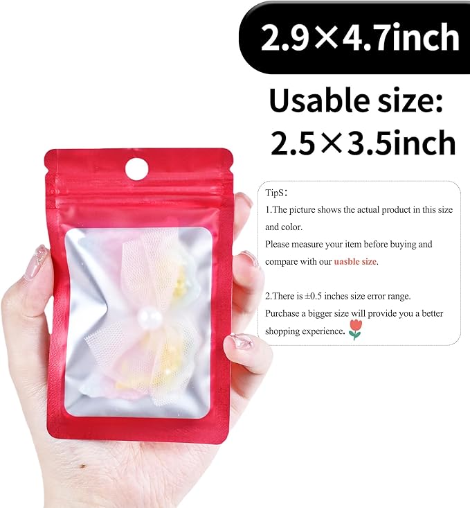100 Pack Resealable Plastic Bags for Food Storage, Zipper Bags with Clear Front Window, Packaging Pouch for Small Business (Red, 2.9x4.7 inch)