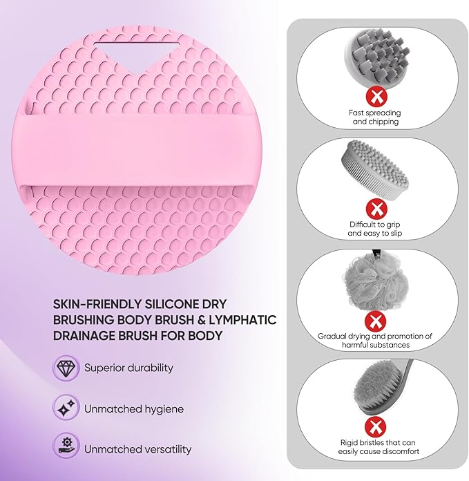 Heavy Duty Silicone Body Scrubber – Anti Zinc Infused-Lymphatic Brush Exfoliating Body Scrubber for Shower Body,with Stiff and Soft Bristles for Anti-Puffiness,Blood Circulation- Pink