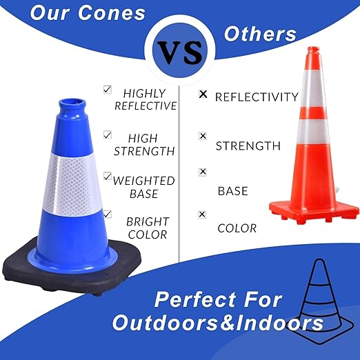 BESEA 6Pack 12 Inch Blue Traffic Cones with 4 Inch Reflective Collar, Heavy Duty PVC Safety Cones with 8.5 x 8.5 Inch Base for Parking, Driving Practice, Sports Training, and Construction