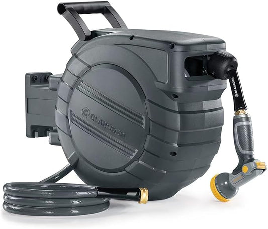 GLAHODEN Retractable Garden Hose Reel 5/8 in x 90 ft, 2025 Upgraded Dual Ratchet Lock UV & Freeze Protection Brass Seal Slow Retraction Anti-Tangle Hose 180°Swivel Reinforced Scaffold Wall Mount