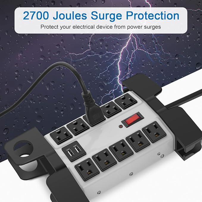 CCCEI Heavy Duty Power Strip with USB Ports, Garage 10 Outlets Surge Protector 2700 Joules, Industrial Workshop Metal 15Amp Multiple Outlets, 10 FT Extension Cord and Wide Spaced Grey.