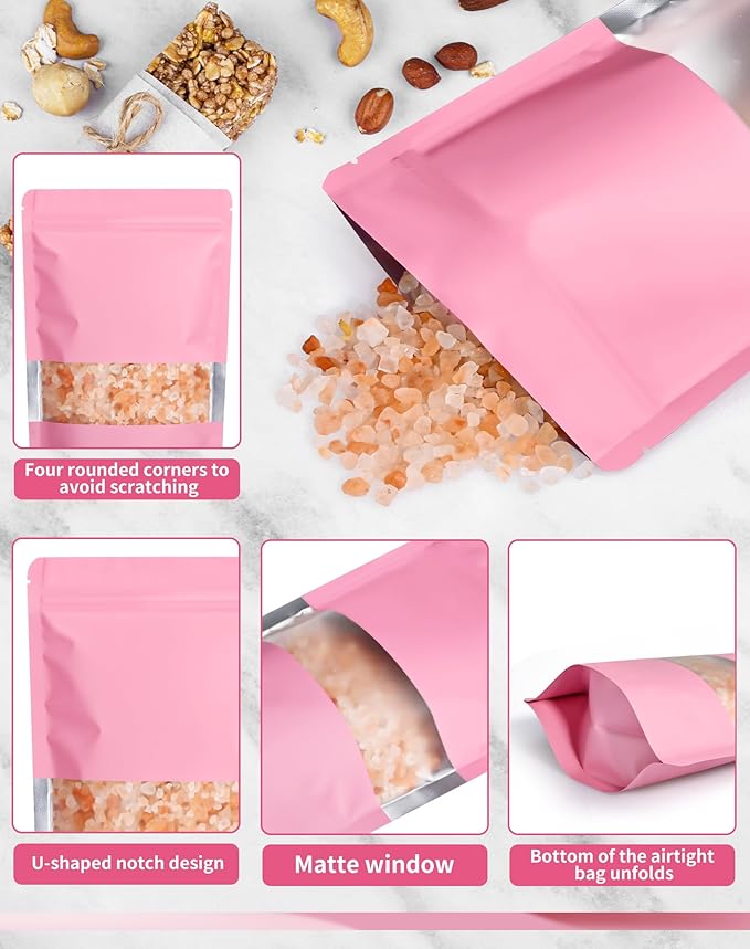 FireKylin 100 Pack Smell Proof Bags 5.5" x 7.8", Resealable Bags with Matte Window, Foil Pouch Stand Up Sealable Bags for Packaging（Pink）