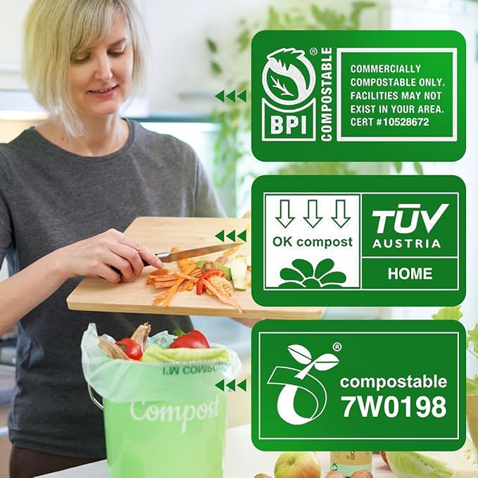 Lucky Family Green Compost Bags for Kitchen Countertop Bin - 100% Compostable Trash Bags for Food Waste, Organic Biodegradable Trash Bags (1.3-1.6 Gallon, 50 Count)