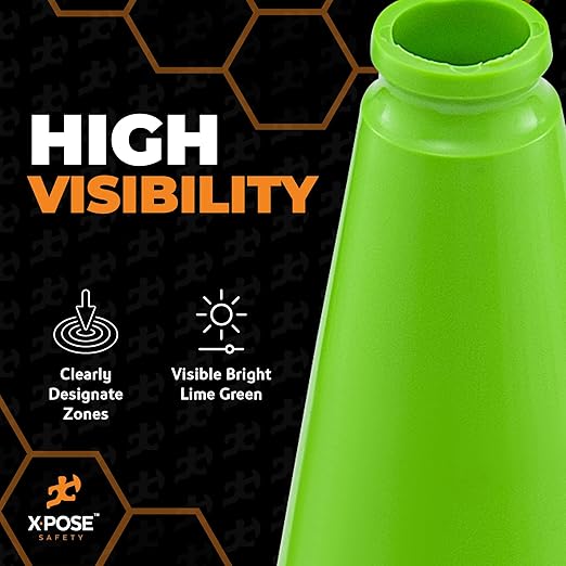 Xpose Safety 18” Lime Green Traffic Cone - 4 Pack - Premium PVC Safety Cone for Parking, Caution, Construction, Road Crews, Emergency Vehicle - DOT Approved