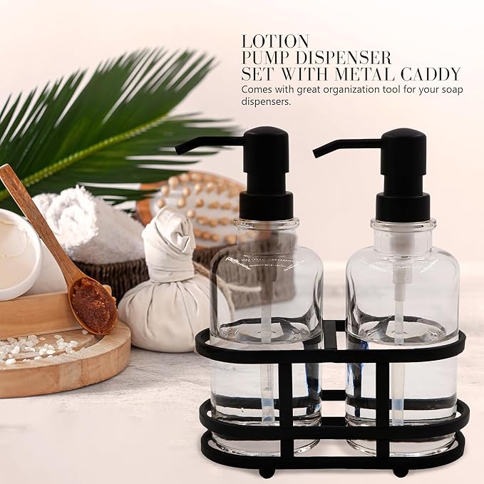 3 Piece Round Heavy Weight Glass Soap Lotion Pump Dispenser Set with Metal Caddy for Home Bath Kitchen Travel Office Hand Crafted Metal Tray Matte Black