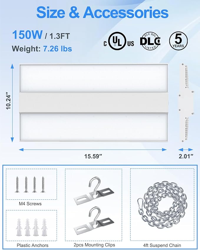 ADUB Linear High Bay LED Light 150W UL DLC Listed, 1.3 FT LED Warehouse Lights High Bay Shop Fixture Dimmable 0-10V, 22,500 LM, 5000K Commercial Hanging Bay Light for Workshop Garage Barn, 100-277V